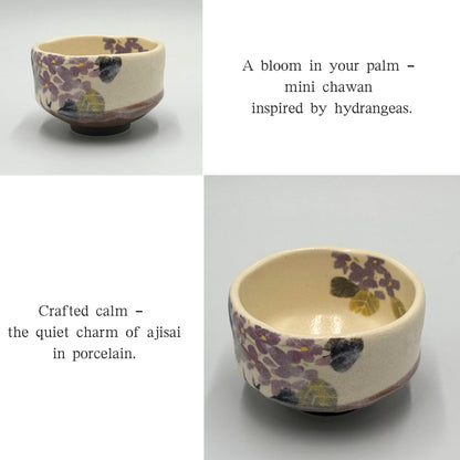 Mini Matcha Bowl Hydrangea Design – Japanese Chawan Mino Ware, Handmade Tea Cup, Made in Japan