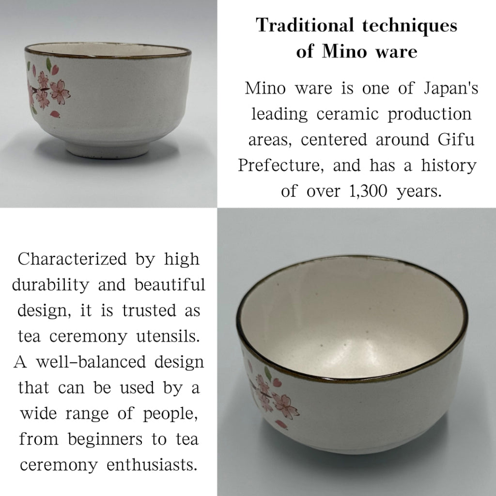 Matcha Bowl Satozakura Genji – Japanese Chawan, Cherry Blossom Design, Mino Ware, Made in Japan