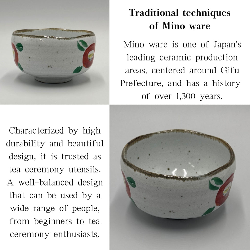 Matcha Bowl Twin Camellia Hand-Painted – Japanese Chawan, Mino Ware, Tsubaki Design, Made in Japan