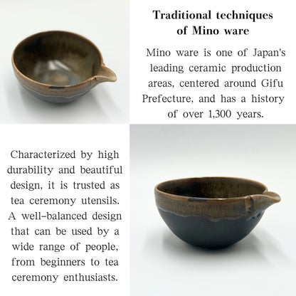 Matcha Bowl Ibushi Gold Katakuchi – Japanese Spouted Chawan with Smoky Gold Finish, Mino Ware, Handmade, Made in Japan