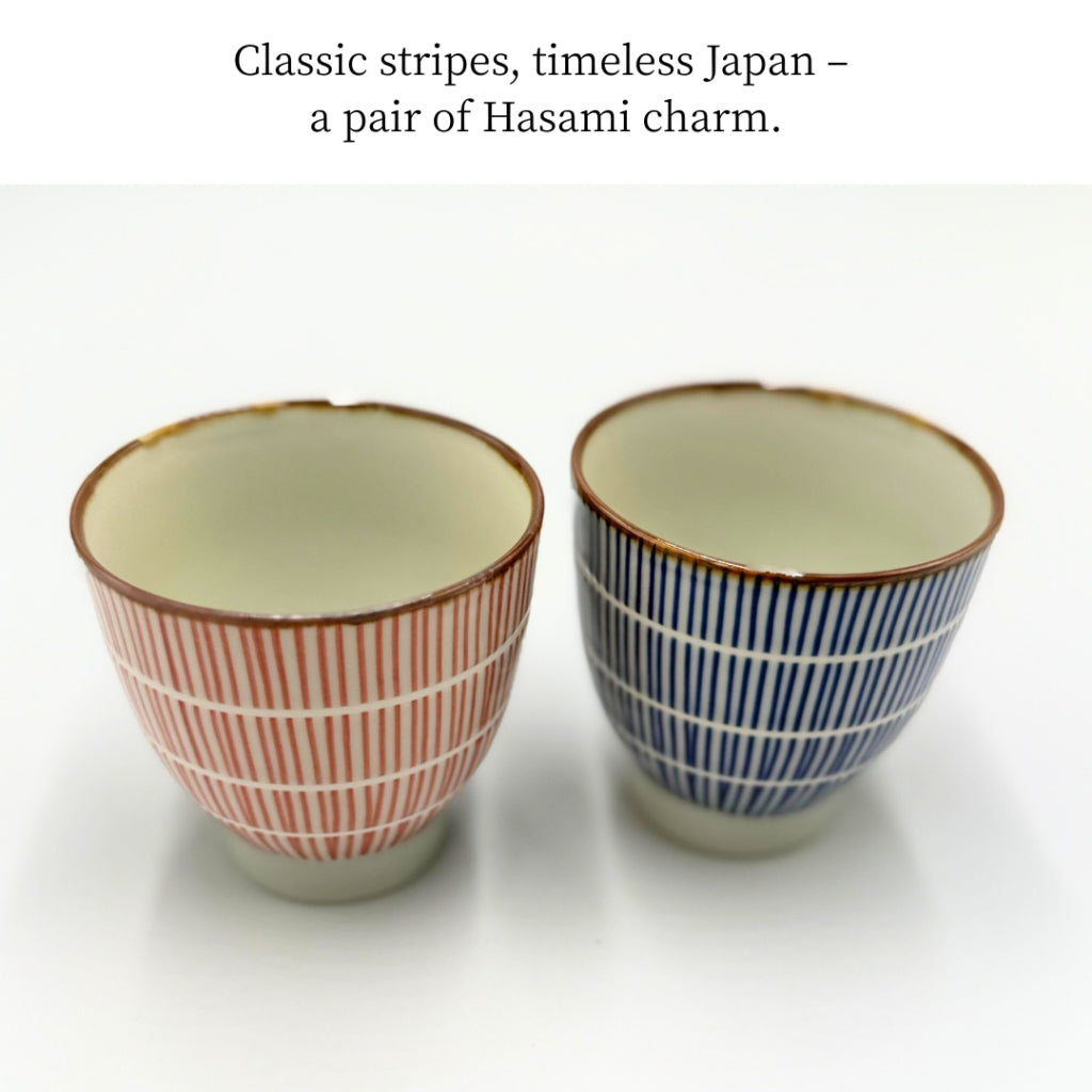 Hasami Ware Yunomi Tea Cups Set – Tokusa Stripe Small Red & Blue Japanese Ceramic Cups, Made in Japan