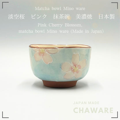 Japanese Matcha Bowl Pink Cherry Blossom Hand-Painted Mino Ware Ceramic Chawan Tea Ceremony