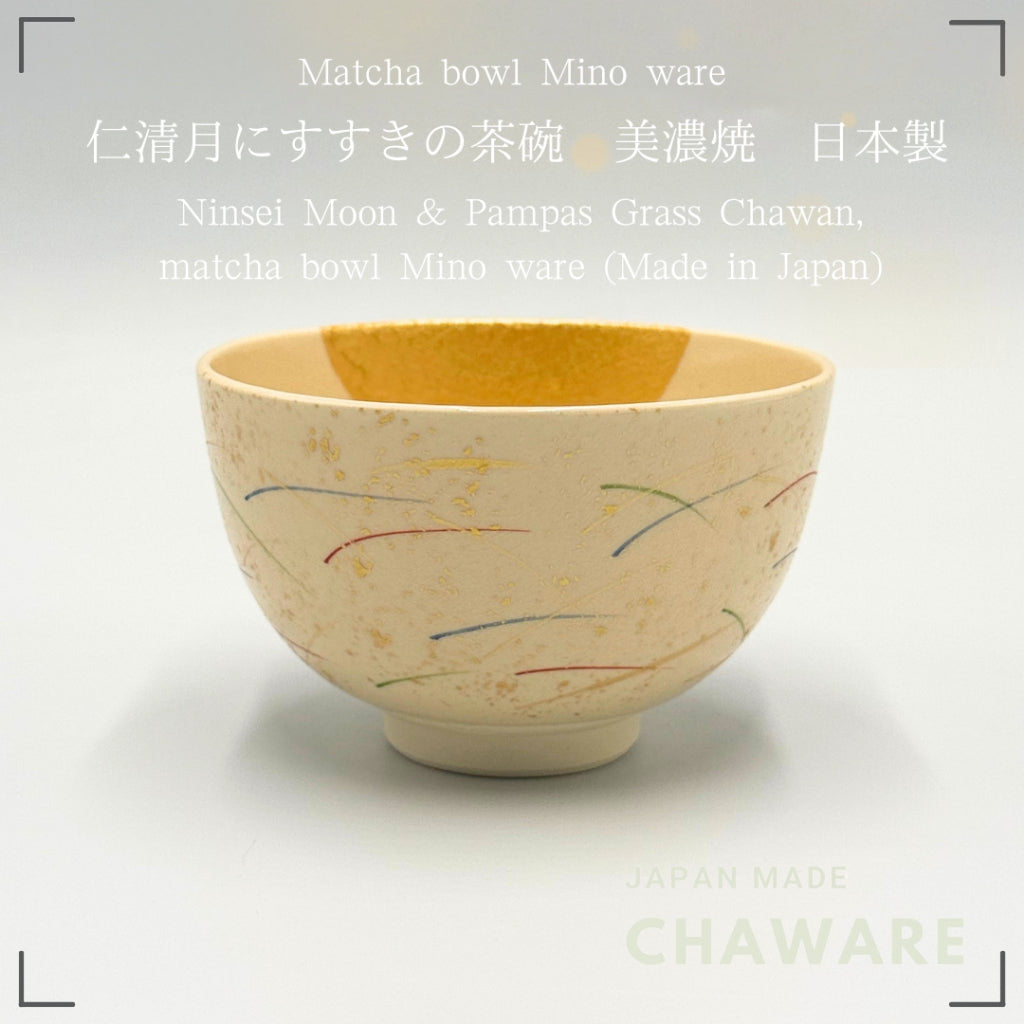 Japanese Matcha Bowl Mino Ware Ninsei Moon Susuki Tea Ceremony Chawan Ceramic 12.3cm