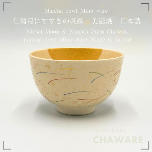 Japanese Matcha Bowl Mino Ware Ninsei Moon Susuki Tea Ceremony Chawan Ceramic 12.3cm