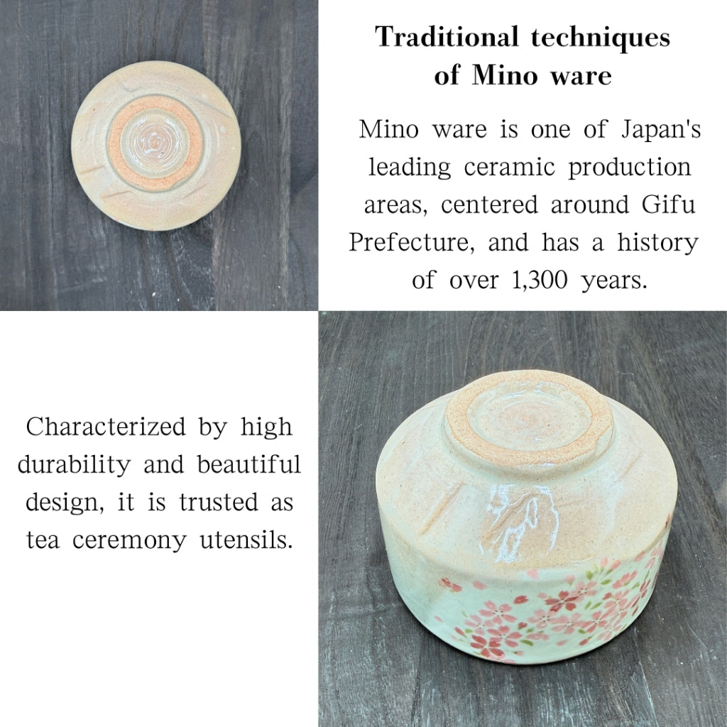 White-decorated pink cherry blossom matcha bowl, Mino ware, Made in Japan, mino013