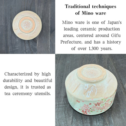 White-decorated pink cherry blossom matcha bowl, Mino ware, Made in Japan, mino013
