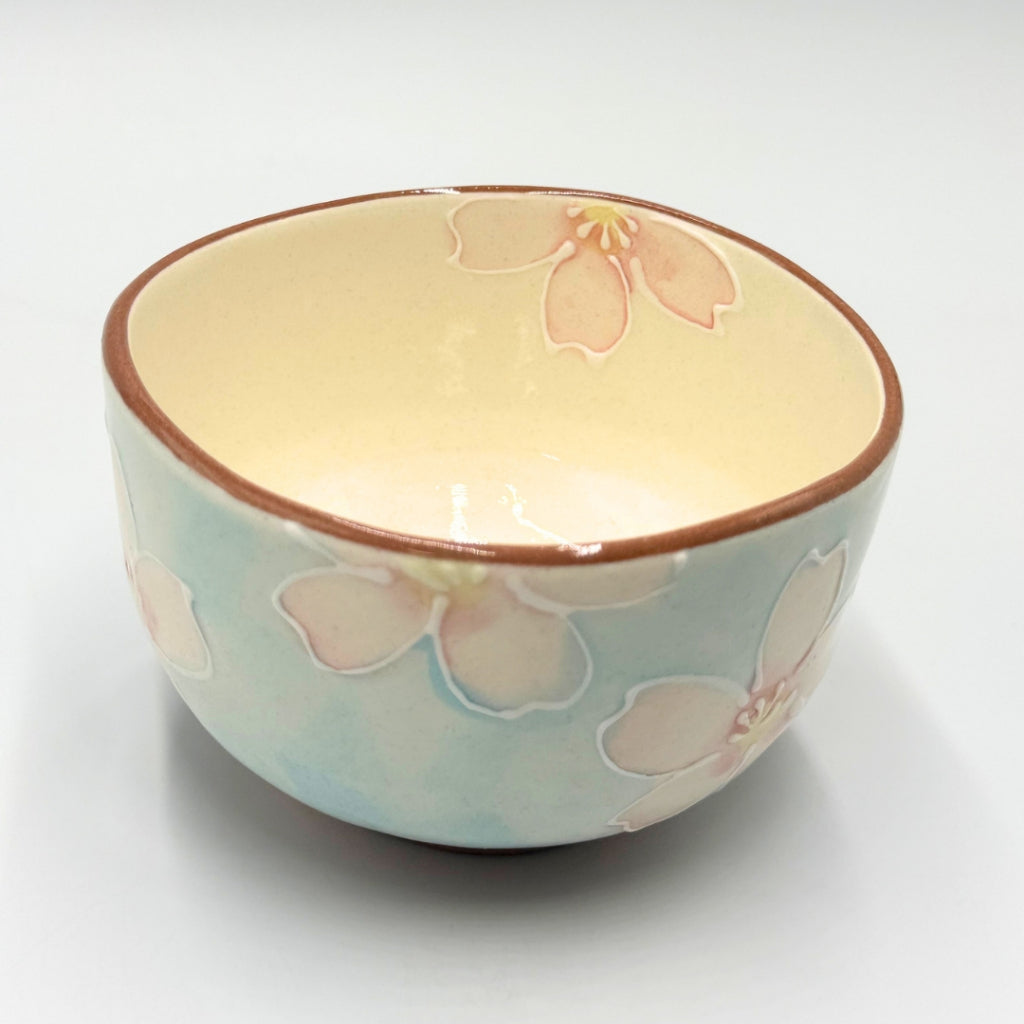 Japanese Matcha Bowl Pink Cherry Blossom Hand-Painted Mino Ware Ceramic Chawan Tea Ceremony