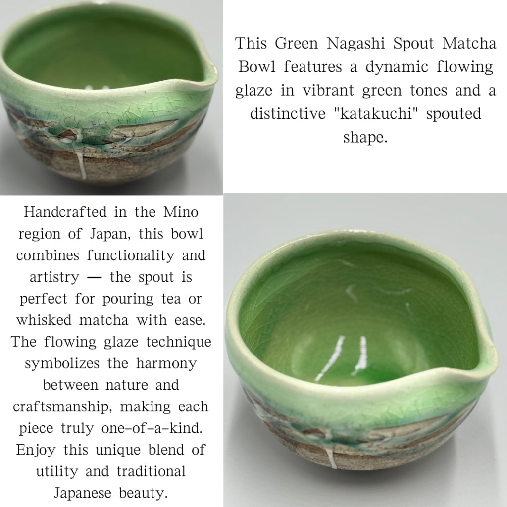 Matcha Bowl Green Flowing Spouted Chawan – Japanese Tea Cup Minoyaki Made in Japan