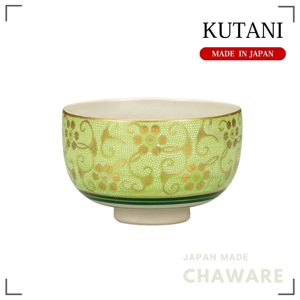 Kutani Ware Matcha Bowl White Dotted Tekisen Light Green | Made in Japan