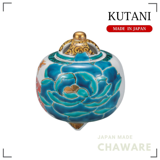 Kutani Ware Mini Incense Burner 3.2in – Blue Peony by Takeshi Sato | Made in Japan