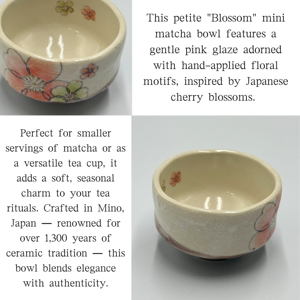 Blossom Mini Matcha Bowl – Japanese Tea Cup Chawan – Mino Ware – Made in Japan – Pink Floral Design