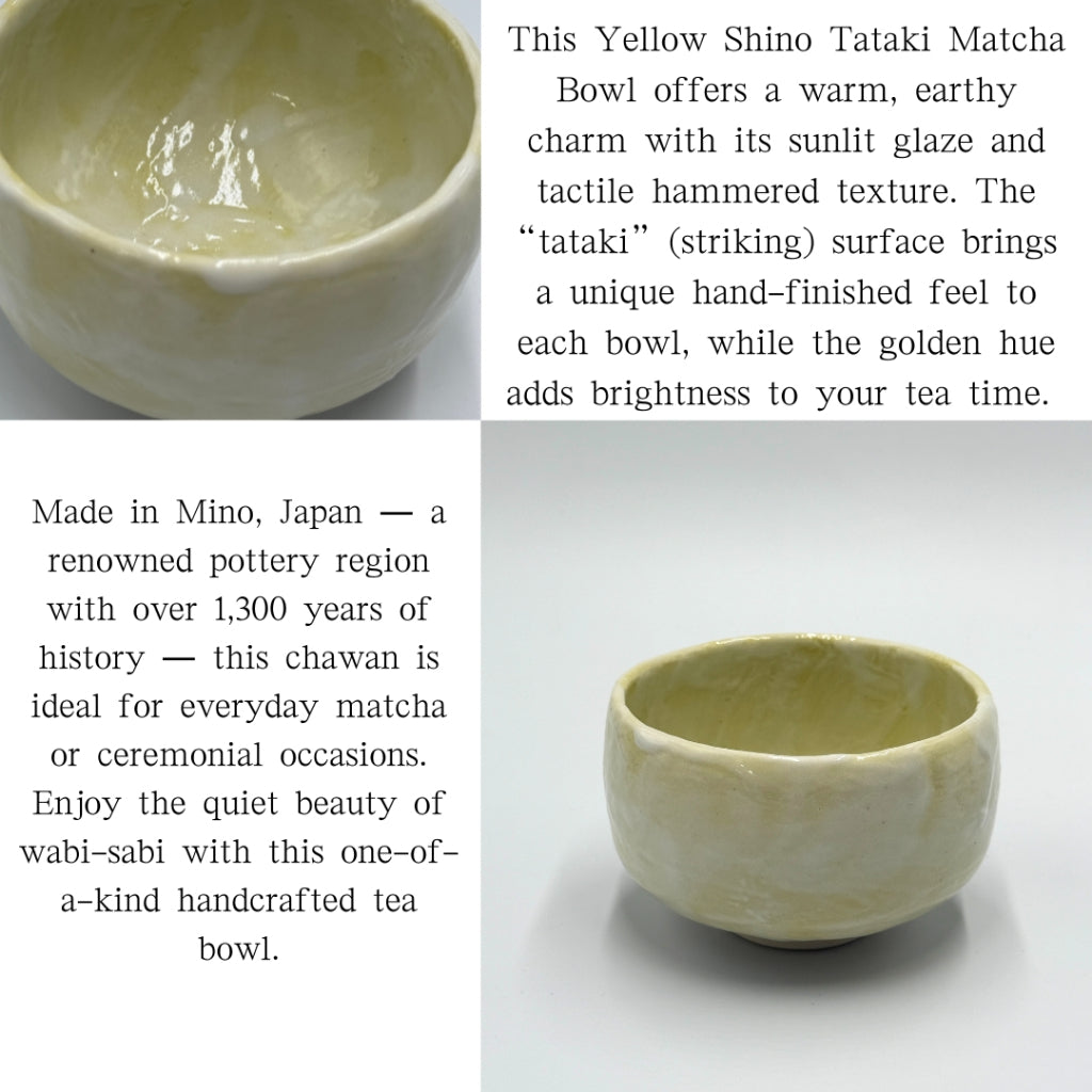 Matcha Bowl Yellow Shino Tataki Chawan – Japanese Tea Cup Mino Ware Made in Japan Wabi Sabi Style
