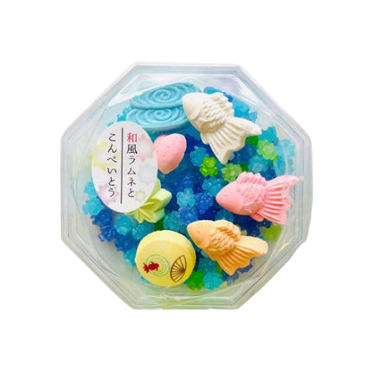 Ramune Candy with Konpeito (Goldfish) - A delightful Japanese sweet combining fizzy Ramune flavor with colorful star-shaped sugar candies, perfect for a fun treat!
