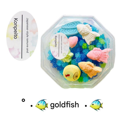 Ramune Candy with Konpeito (Goldfish) - A delightful Japanese sweet combining fizzy Ramune flavor with colorful star-shaped sugar candies, perfect for a fun treat!