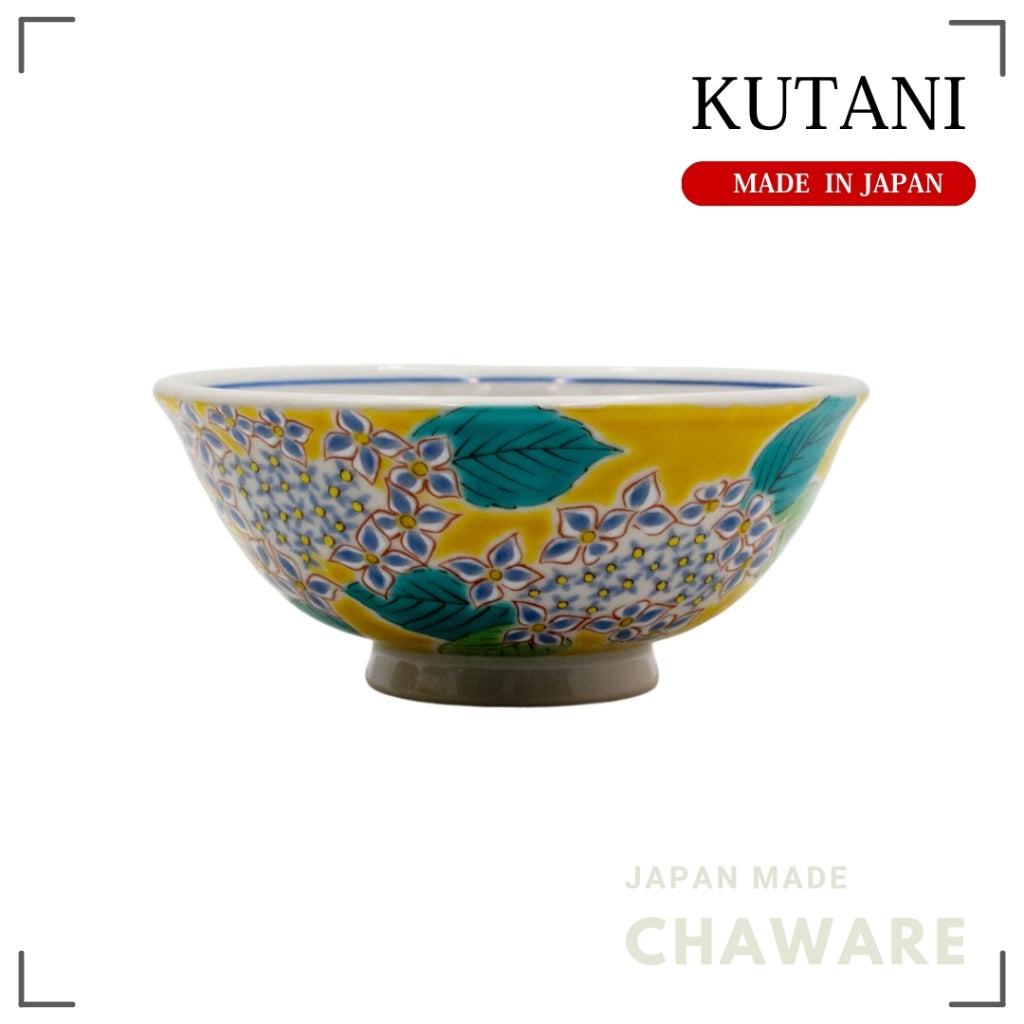 Kutani Ware Rice Bowl Colorful Flowers Seasonal Hydrangea Japanese Ceramic Hand-Painted Bowl