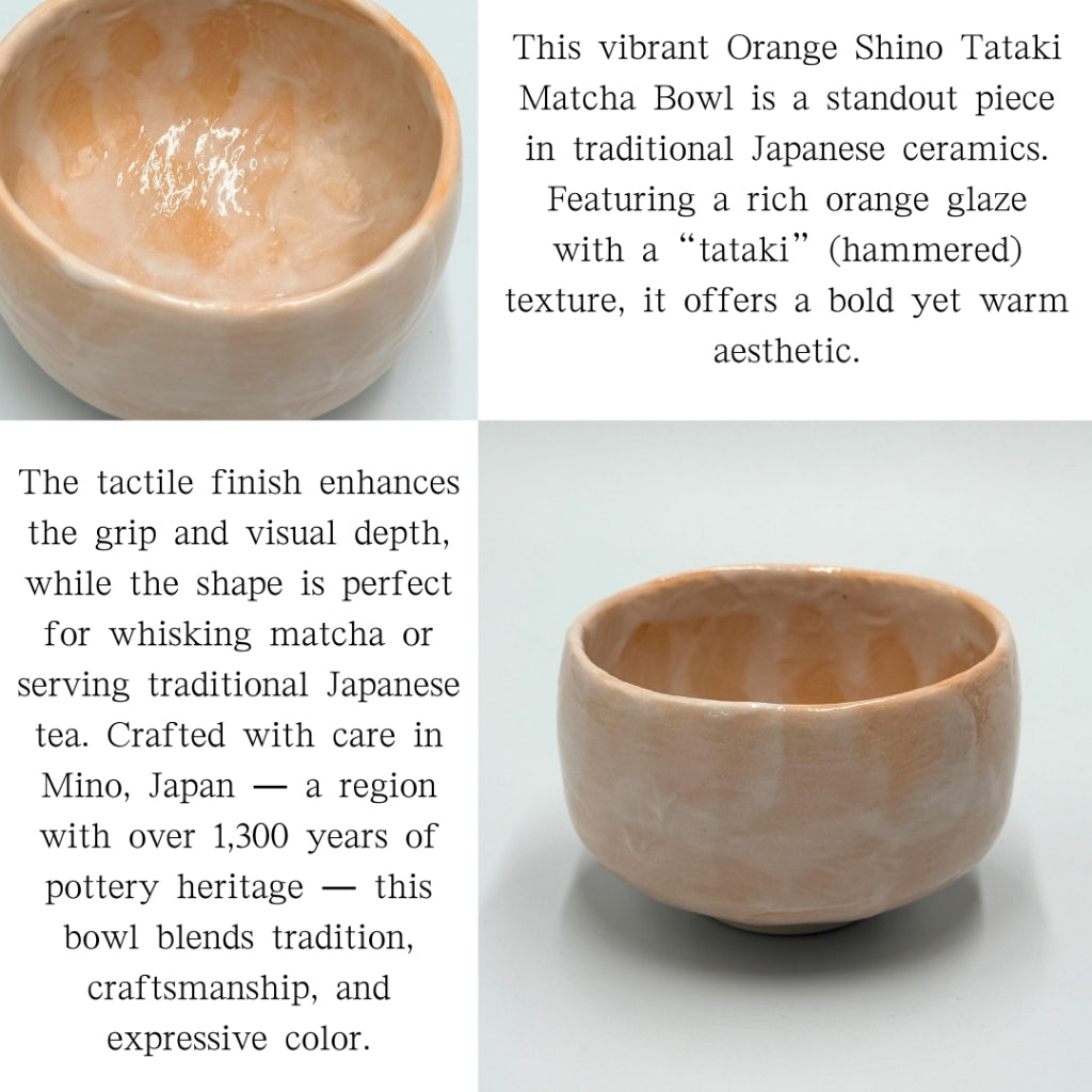 Matcha Bowl Orange Shino Tataki Chawan Japanese Tea Cup Made in Japan Unique Textured Glaze