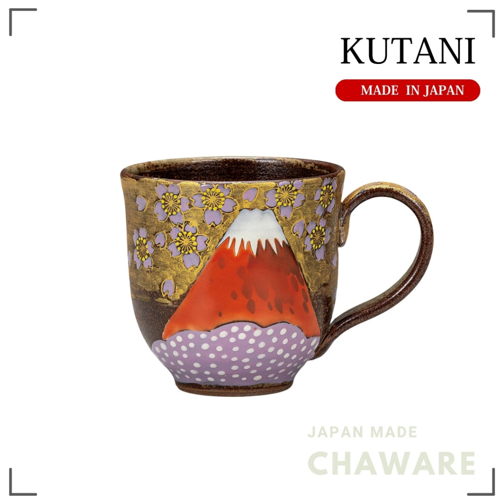 Kutani Ware Mug Gold Clouds Sakura Mount Fuji Japanese Ceramic Coffee Tea Cup Handmade Made in Japan