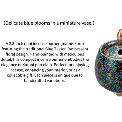 Kutani Ware Mini Incense Burner 2.8in – Blue Tessen Floral Design | Made in Japan