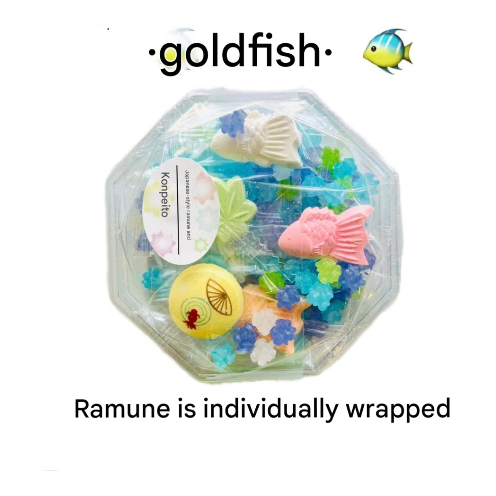 Ramune Candy with Konpeito (Goldfish) - A delightful Japanese sweet combining fizzy Ramune flavor with colorful star-shaped sugar candies, perfect for a fun treat!