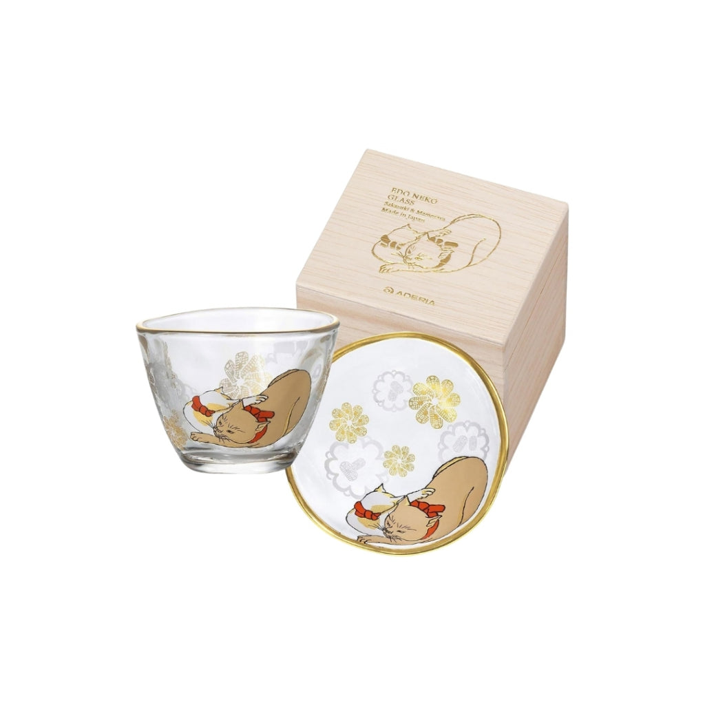 [Made in Japan] ADERIA Edo Cat Sake Cup & Saucer Set - Japanese Made Gift Boxed