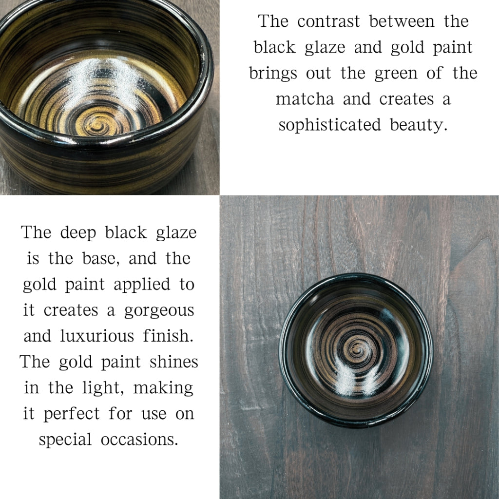 Matcha Bowl Black Glaze with Gold Accent – Japanese Chawan Minoyaki Tea Cup Made in Japan