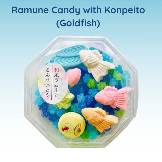 Ramune Candy with Konpeito (Goldfish) - A delightful Japanese sweet combining fizzy Ramune flavor with colorful star-sha
