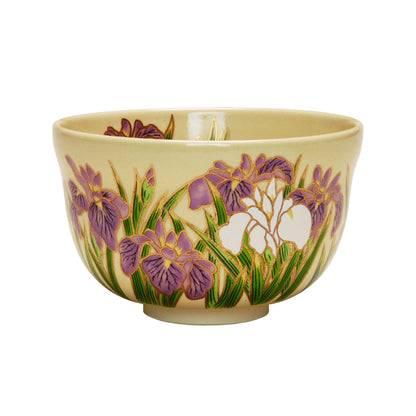 Miyachi Eikou Matcha Bowl, White, Size: Diameter 12.4 cm x Height 7.8 cm, Kinkozan Iris Design, Comes in a Decorative Box.