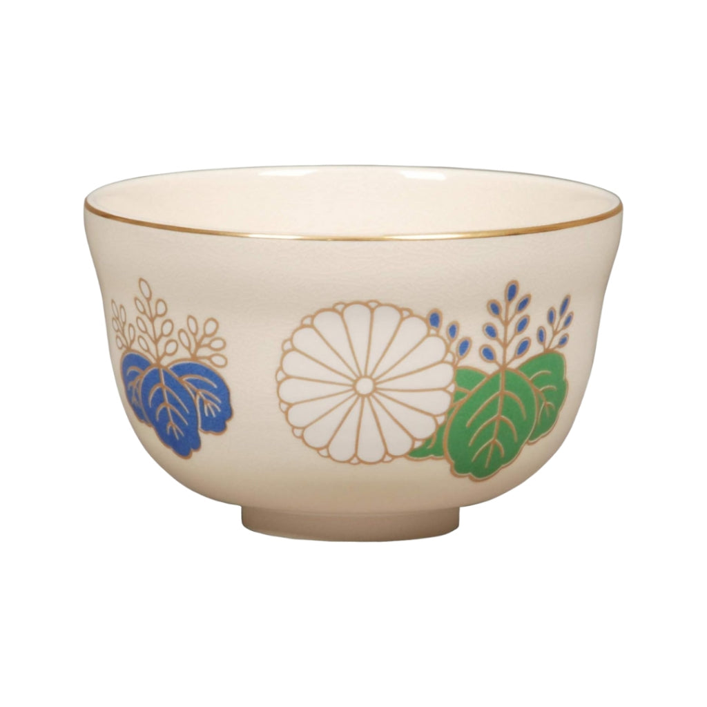 Miyachi Eikou Matcha Bowl White Size: Diameter 12.4cm x Height 7.8cm Kinsei New Chrysanthemum Paulownia Comes in a Paper Box