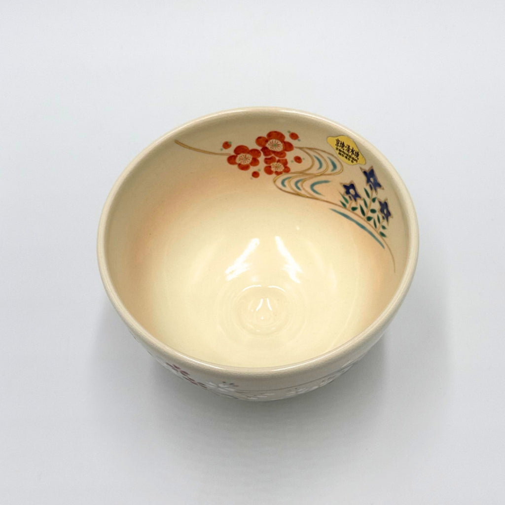 Kyoto Ware, Kiyomizu Ware, Shoho Matcha Bowl, Flowing Water Seasonal Flowers K2-10