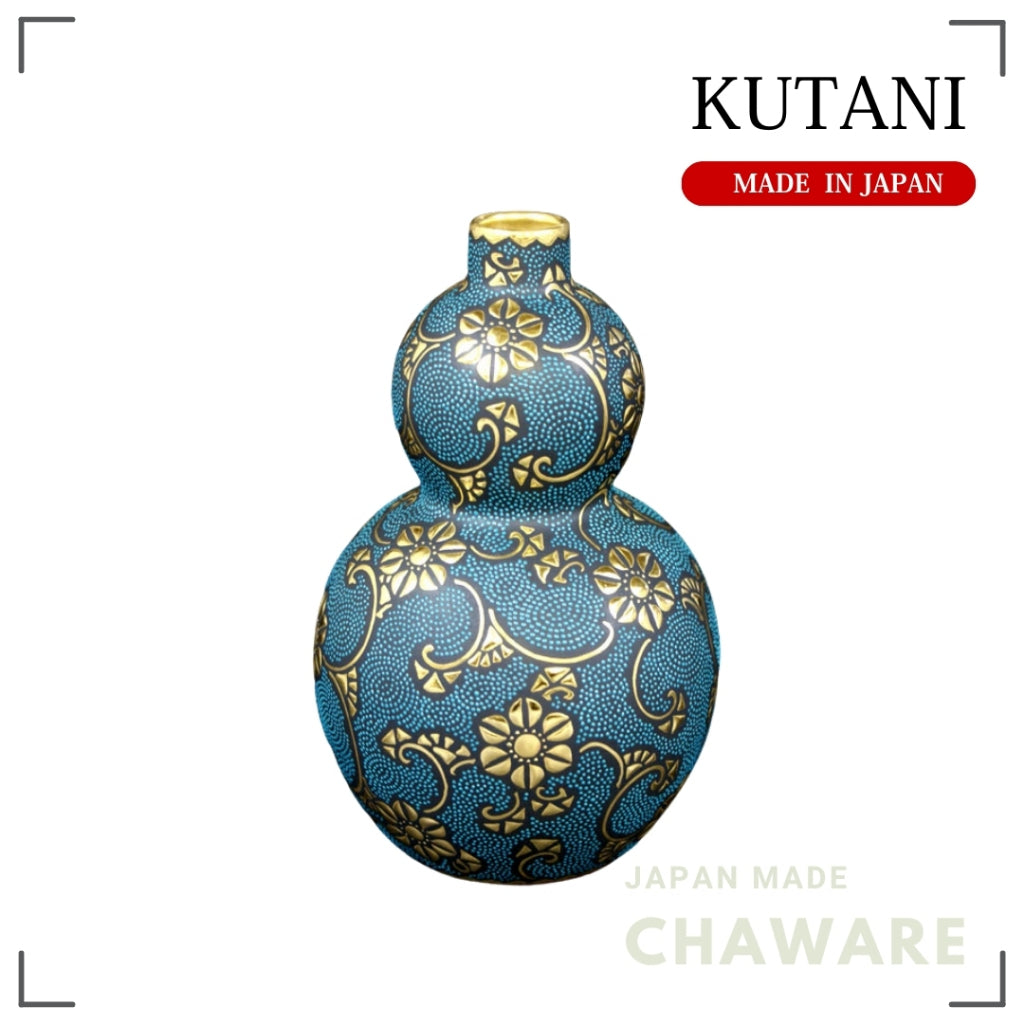 Kutani Ware Gourd-Shaped Tokkuri with Raised Gold & Blue Beads Vine Design | Made in Japan