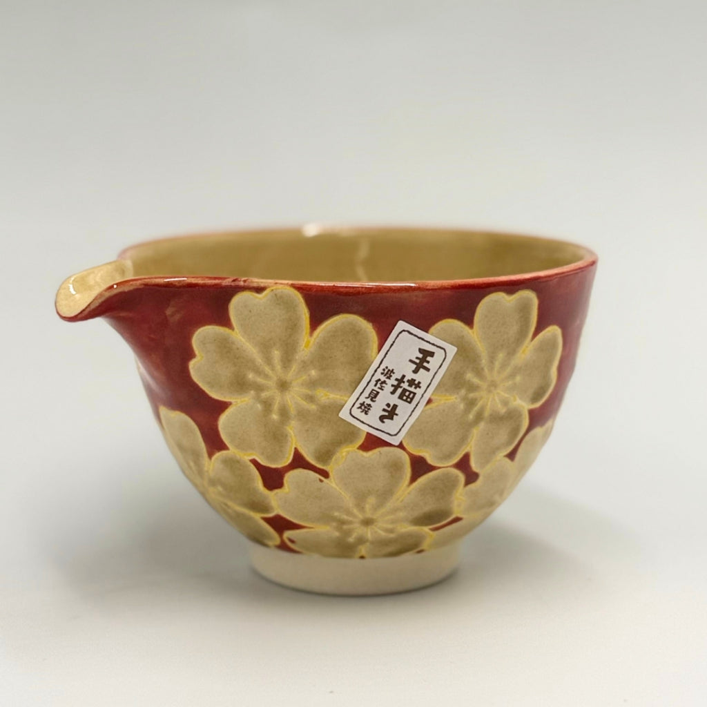 Hasami Ware Japanese Katakuchi Bowl Red Floral Porcelain Sake Pourer 320cc Handcrafted Tableware