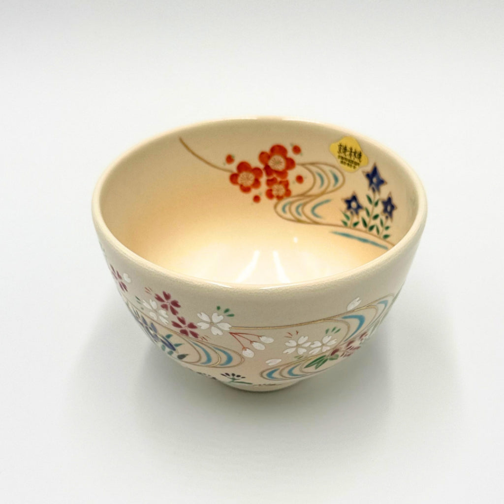 Kyoto Ware, Kiyomizu Ware, Shoho Matcha Bowl, Flowing Water Seasonal Flowers K2-10