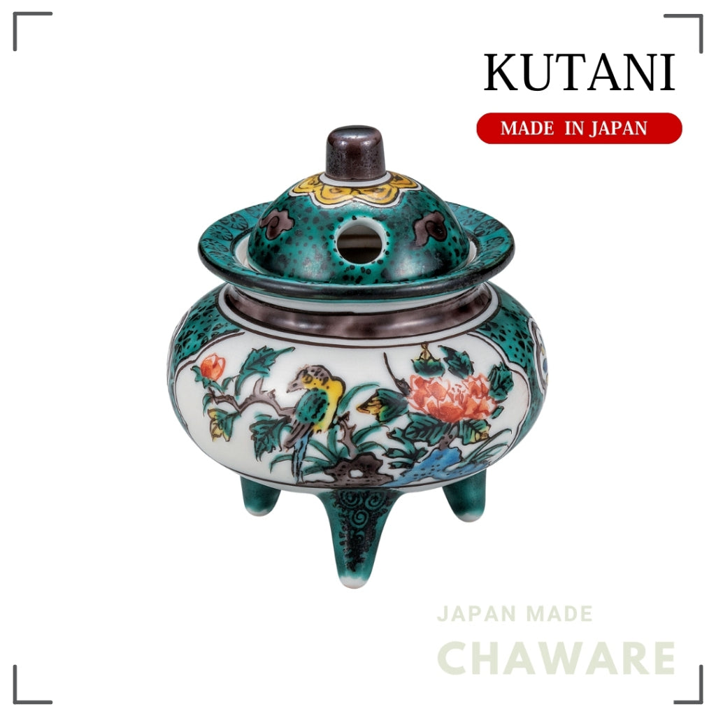 Kutani Ware Mini Incense Burner 3in – Blue Kutani Floral & Bird Design | Made in Japan