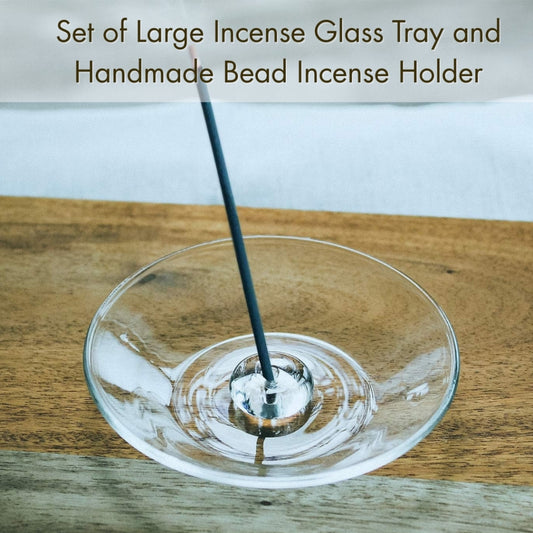 Set of Large Incense Glass Tray and Handmade Bead Incense Holder, Clear × Clear