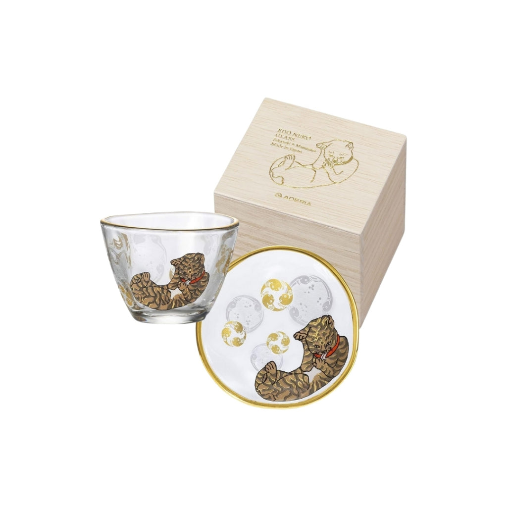 [Made in Japan] ADERIA Edo Cat Sake Cup & Saucer Set - Japanese Made Gift Boxed