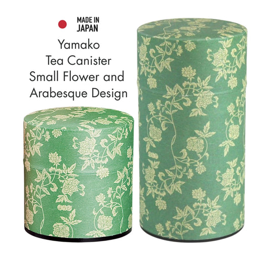Yamako Tea Canister - Small Flower and Arabesque Design, Green, Approx. Φ7.5 × 14.2cm