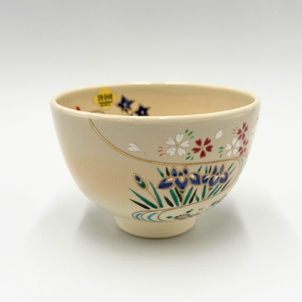 Kyoto Ware, Kiyomizu Ware, Shoho Matcha Bowl, Flowing Water Seasonal Flowers K2-10