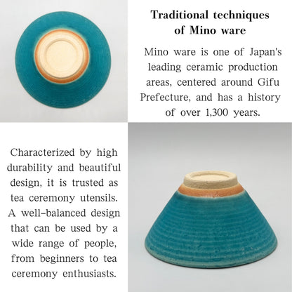 Matcha Bowl Turquoise Matte Hiragata – Japanese Flat Chawan Mino Ware Tea Cup Made in Japan