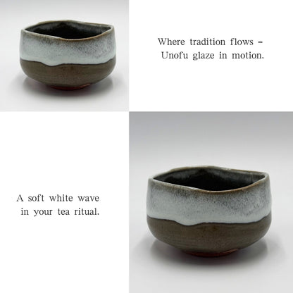 Matcha Bowl Unofu Nagashi – Japanese Chawan Tea Cup, Mino Ware with White Flowing Glaze, Made in Japan
