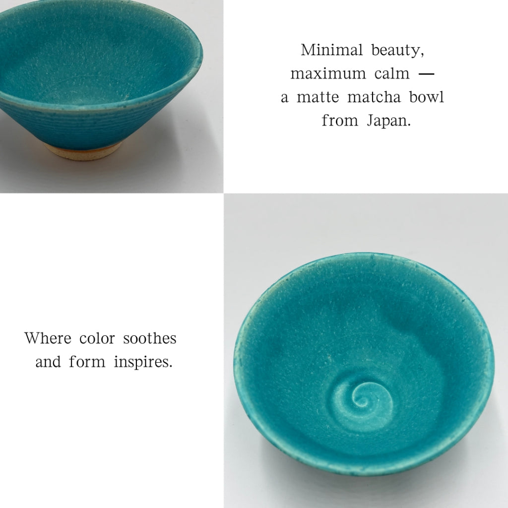 Matcha Bowl Turquoise Matte Hiragata – Japanese Flat Chawan Mino Ware Tea Cup Made in Japan