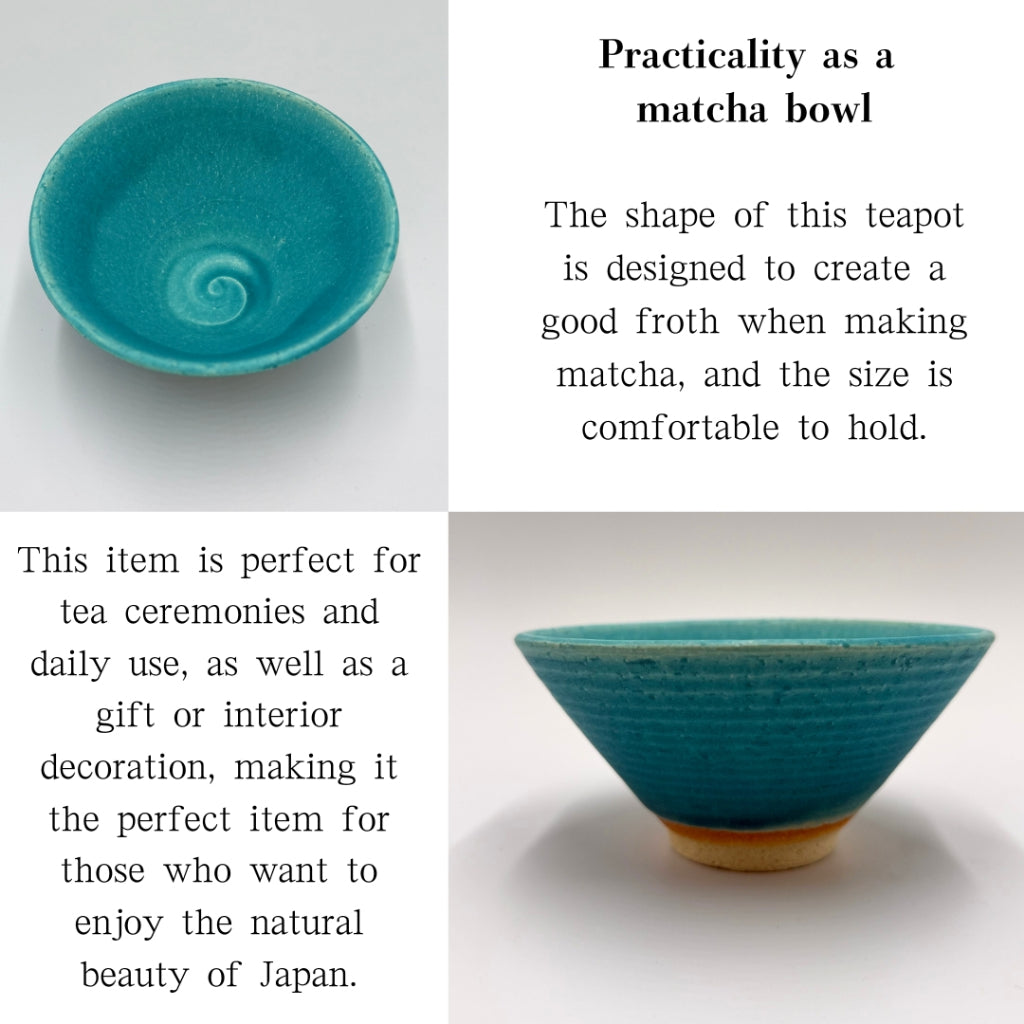 Matcha Bowl Turquoise Matte Hiragata – Japanese Flat Chawan Mino Ware Tea Cup Made in Japan