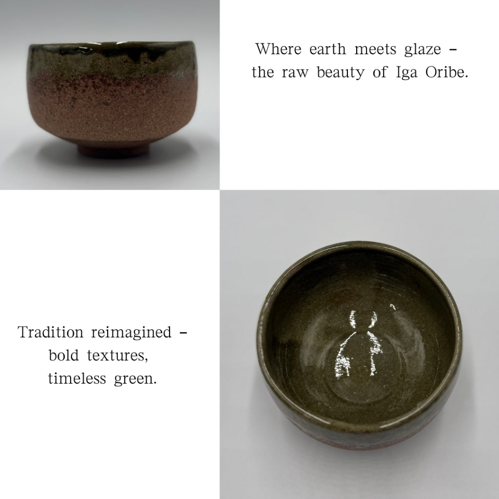 Matcha Bowl Iga Oribe – Japanese Chawan Mino Ware Tea Cup with Green Glaze, Made in Japan
