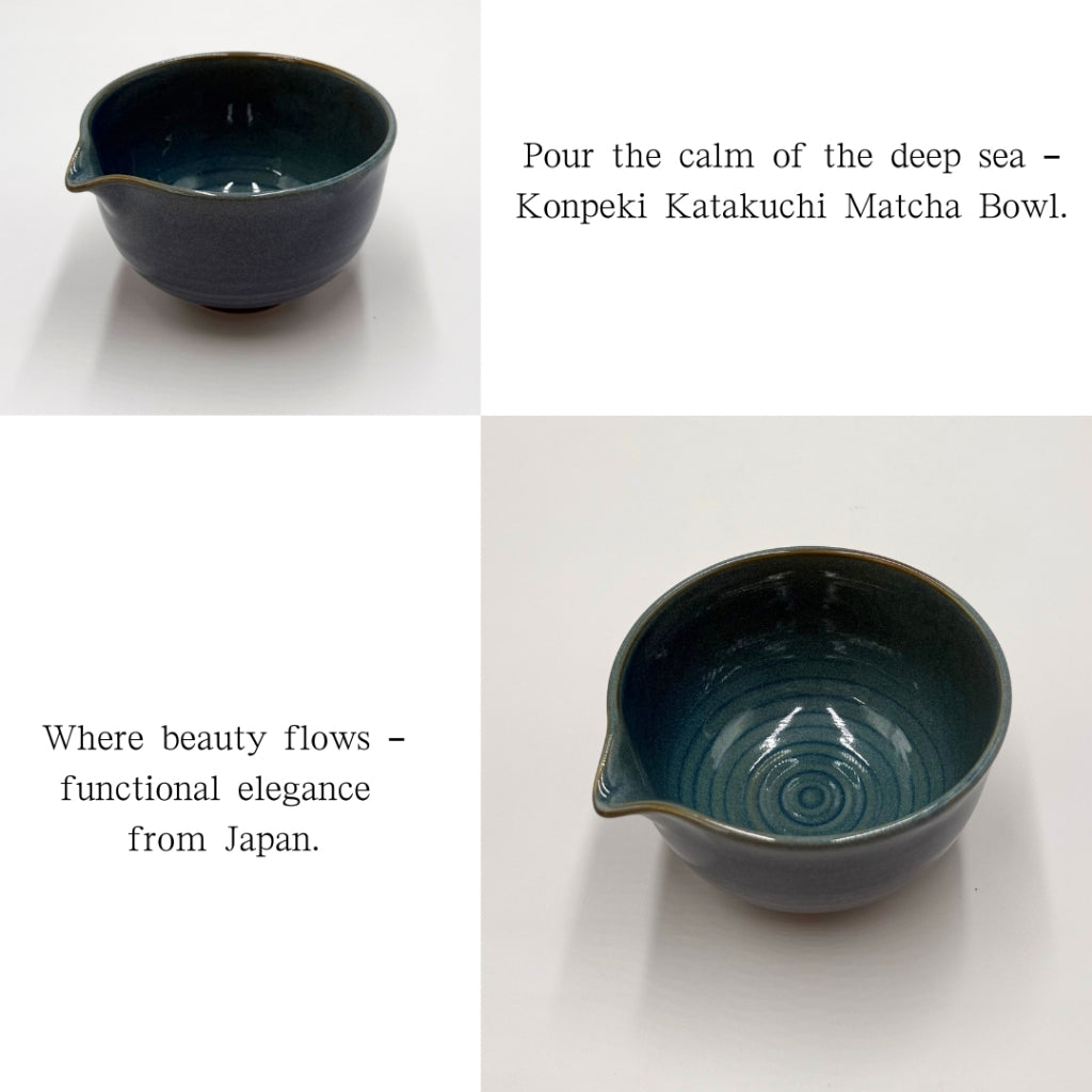 Matcha Bowl Deep Blue Spouted Chawan – Katakuchi Tea Cup, Japanese Mino Ware, Handmade in Japan