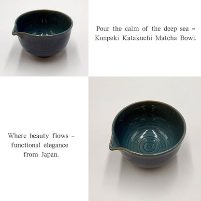 Matcha Bowl Deep Blue Spouted Chawan – Katakuchi Tea Cup, Japanese Mino Ware, Handmade in Japan